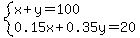 system%28x%2By=100%2C0.15x%2B0.35y=20%29