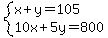 system%28x%2By=105%2C10x%2B5y=800%29