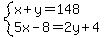 system%28x%2By=148%2C5x-8=2y%2B4%29