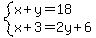 system%28x%2By=18%2Cx%2B3=2y%2B6%29
