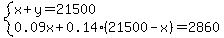 system%28x%2By=21500%2C0.09x%2B0.14%2821500-x%29=2860%29