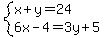 system%28x%2By=24%2C6x-4=3y%2B5%29