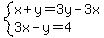 system%28x%2By=3y-3x%2C3x-y=4%29