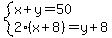 system%28x%2By=50%2C2%28x%2B8%29=y%2B8%29