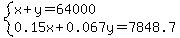 system%28x%2By=64000%2C0.15x%2B0.067y=7848.7%29