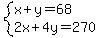 system%28x%2By=68%2C2x%2B4y=270%29
