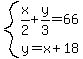 system%28x%2F2%2By%2F3=66%2Cy=x%2B18%29