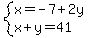 system%28x=-7%2B2y%2Cx%2By=41%29