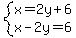 system%28x=2y%2B6%2Cx-2y=6%29
