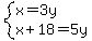 system%28x=3y%2Cx%2B18=5y%29