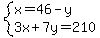 system%28x=46-y%2C3x%2B7y=210%29
