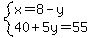 system%28x=8-y%2C40%2B5y=55%29