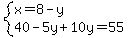 system%28x=8-y%2C40-5y%2B10y=55%29