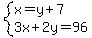 system%28x=y%2B7%2C3x%2B2y=96%29