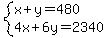 system%28x+%2B++y+=+480%2C%0D%0A+++++++++4x+%2B+6y+=+2340%0D%0A%29