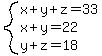 system%28x+%2B+y+%2B+z+=+33%2Cx+%2B+y+=+22%2C+y+%2B+z+=+18%29