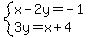 system%28x-2y=-1%2C3y=x%2B4%29