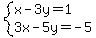 system%28x-3y=1%2C3x-5y=-5%29