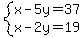 system%28x-5y=37%2Cx-2y=19%29