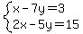 system%28x-7y=3%2C2x-5y=15%29