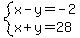 system%28x-y=-2%2Cx%2By=28%29