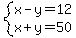 system%28x-y=12%2Cx%2By=50%29