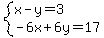 system%28x-y=3%2C-6x%2B6y=17%29
