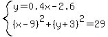 system%28y=0.4x-2.6%2C%28x-9%29%5E2%2B%28y%2B3%29%5E2=29%29