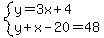 system%28y=3x%2B4%2Cy%2Bx-20=48%29