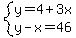 system%28y=4%2B3x%2Cy-x=46%29