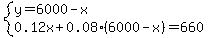 system%28y=6000-x%2C+0.12x%2B0.08%286000-x%29=660%29