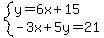 system%28y=6x%2B15%2C-3x%2B5y=21%29