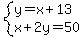 system%28y=x%2B13%2Cx%2B2y=50%29