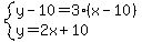 system%28y-10=3%28x-10%29%2Cy=2x%2B10%29