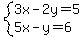 system+%283x+-+2y+=++5%2C%0D%0A+++++++++++5x+-++y+=++6%0D%0A%29