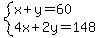 system+%28x+%2B+y+=+60%2C%0D%0A4x+%2B+2y+=+148%29%0D%0A