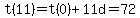 t%2811%29=t%280%29%2B11d=72