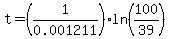 t=%281%2F0.001211%29ln%28100%2F39%29