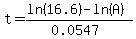 t=%28ln%2816.6%29-ln%28A%29%29%2F%280.0547%29