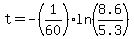 t=-%281%2F60%29ln%288.6%2F5.3%29
