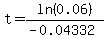 t=ln%280.06%29%2F%28-0.04332%29