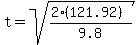 t=sqrt%28%282%28121.92%29%29%2F9.8%29%29