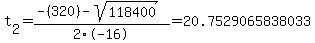 t%5B2%5D+=+%28-%28320%29-sqrt%28+118400+%29%29%2F2%5C-16+=+20.7529065838033