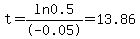 t+=+ln0.5%2F-0.05+=+13.86
