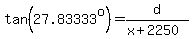 tan%2827.83333%5Eo%29=d%2F%28x%2B2250%29
