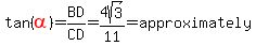 tan%28red%28alpha%29%29=BD%2FCD=4sqrt%283%29%2F11=approximately