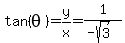 tan%28theta%29=y%2Fx=1%2F%28-sqrt%283%29%29