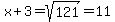 x%2B3=sqrt%28121%29=11