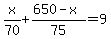 x%2F70%2B%28650-x%29%2F75=9