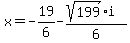 x=-19%2F6-%28sqrt%28199%29i%29%2F6